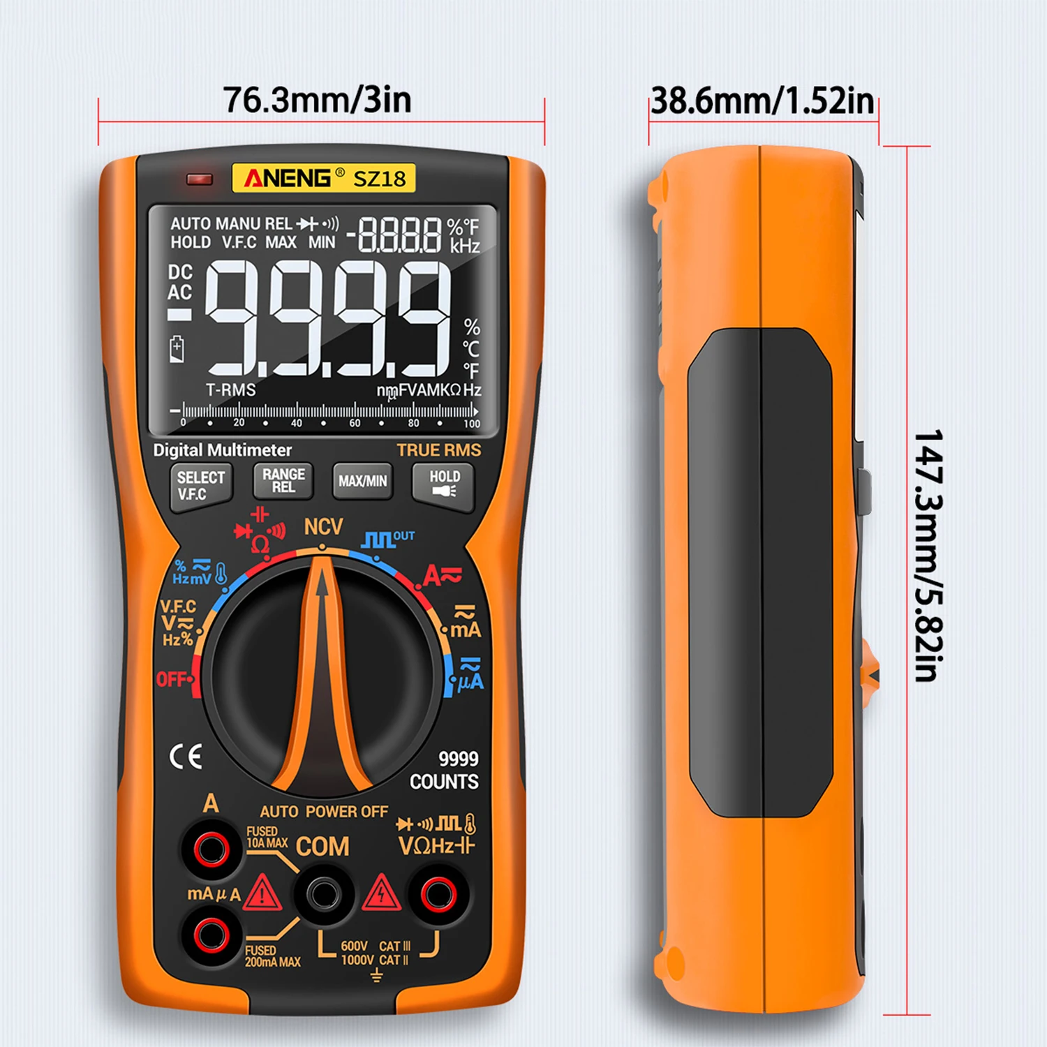 

ANENG SZ18 Multimeter 9999 Counts T-RMS LCD AC/DC Voltage&Current Capacitance Diode Continuity Duty Cycle Frequency Resistance