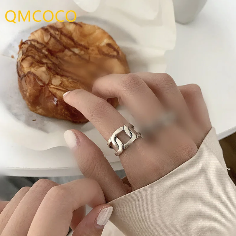 

QMCOCO Minimalist Silver Color Wide Chain Ring Woman Fashion Creative Design Geometric Vintage Punk Jewelry Party Gifts