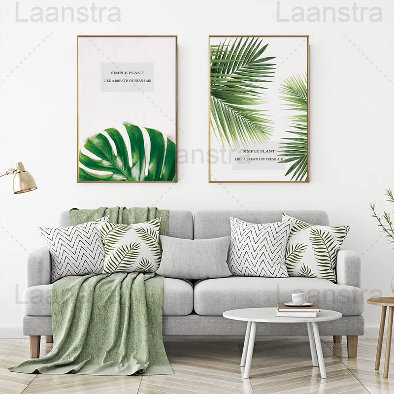 

Tropical Green Leaf Plant Living Room Decoration Painting Leaf Simple Text Home Bedroom Canvas Poster English Letter Fresh Print