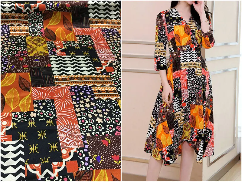 

New multi-element small floral geometric mosaic printing holiday wind elastic heavy natural silk satin fabric for dress shirt