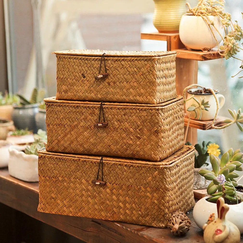 

Hot Seaweed with Button Woven Basket Straw Woven Debris Desktop Storage Box Hand-woven Storage Basket Clothing Storage Basket