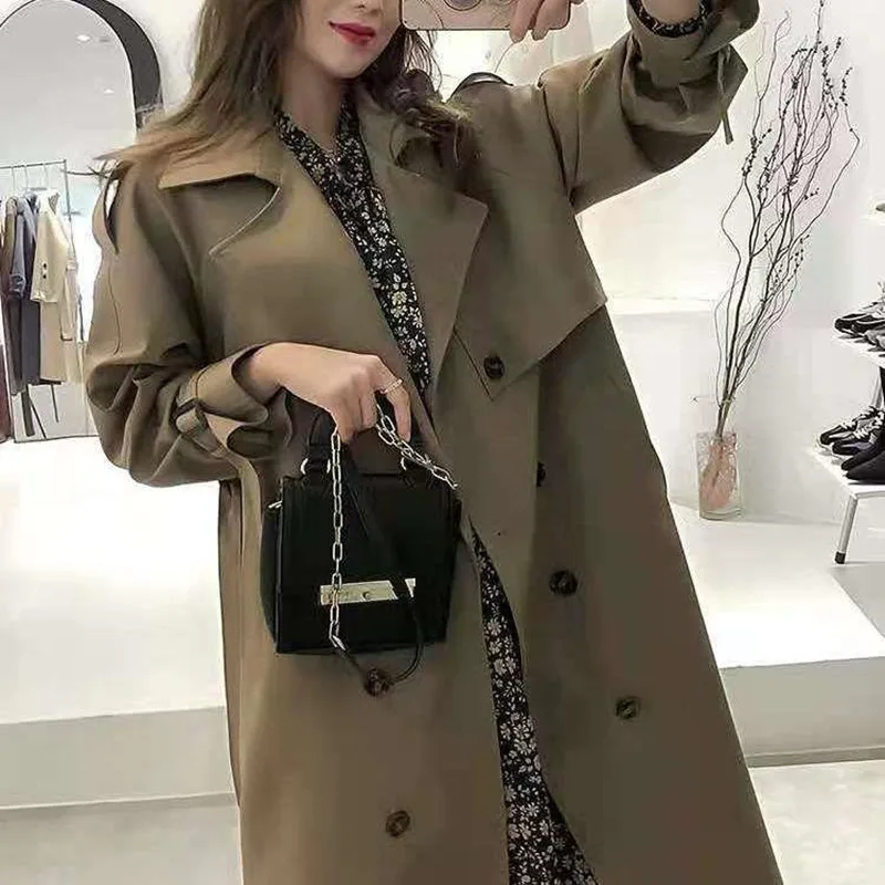 

Женский свободный двубортный Тренч с поясом, винтажное длинное пальто армейского зеленого цвета на осень и зиму, 2021