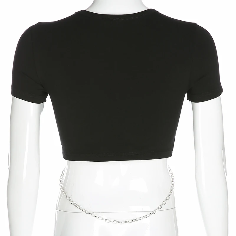 

Cropped Metal Chain Patchwork t shirt Women Black Streetwear O-neck Short Sleeve tshirt Sexy Bodycon tee shirt femme