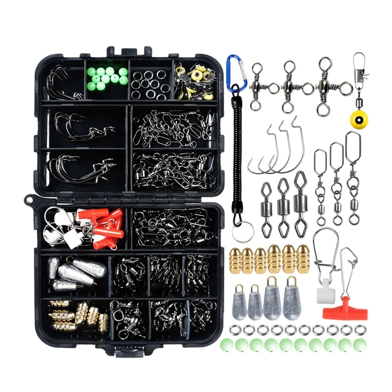 

140Pcs Fishing Accessories Kit, Including Fishing Gear, Jig Hooks, Bass Casting Sinker Weights, Fishing Swivels Snaps