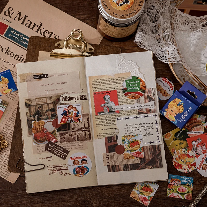 

Retro Meal Material Sticky Diary Stickers Aesthetic Phone Scrapbook Sticker for Notebooks Stationery Supply Packing 45PCS