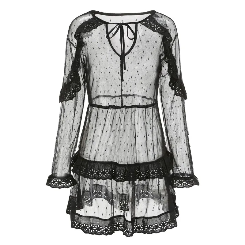 

Hirigin Perspective Mesh Crochet Beachwear Dress For Women Summer Long Sleeve Lace Up Sexy Lace Dress Cover Up White Vestidos