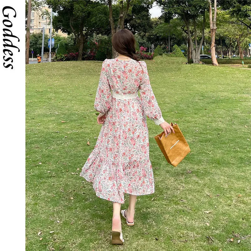 

French Vintage Floral Fairy Dress Korean Dress Female Chic Holiday Ladies Party Summer Women Sweet Elegant Designer 2021 New