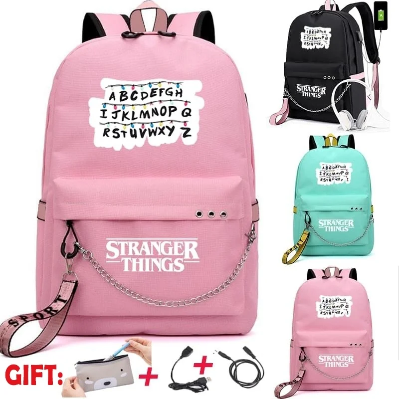 

Stranger Things Canvas Backpack USB Charge Women Student Backpack Fashion Letters Print School Bag Teenager Girls Ribbons Bag