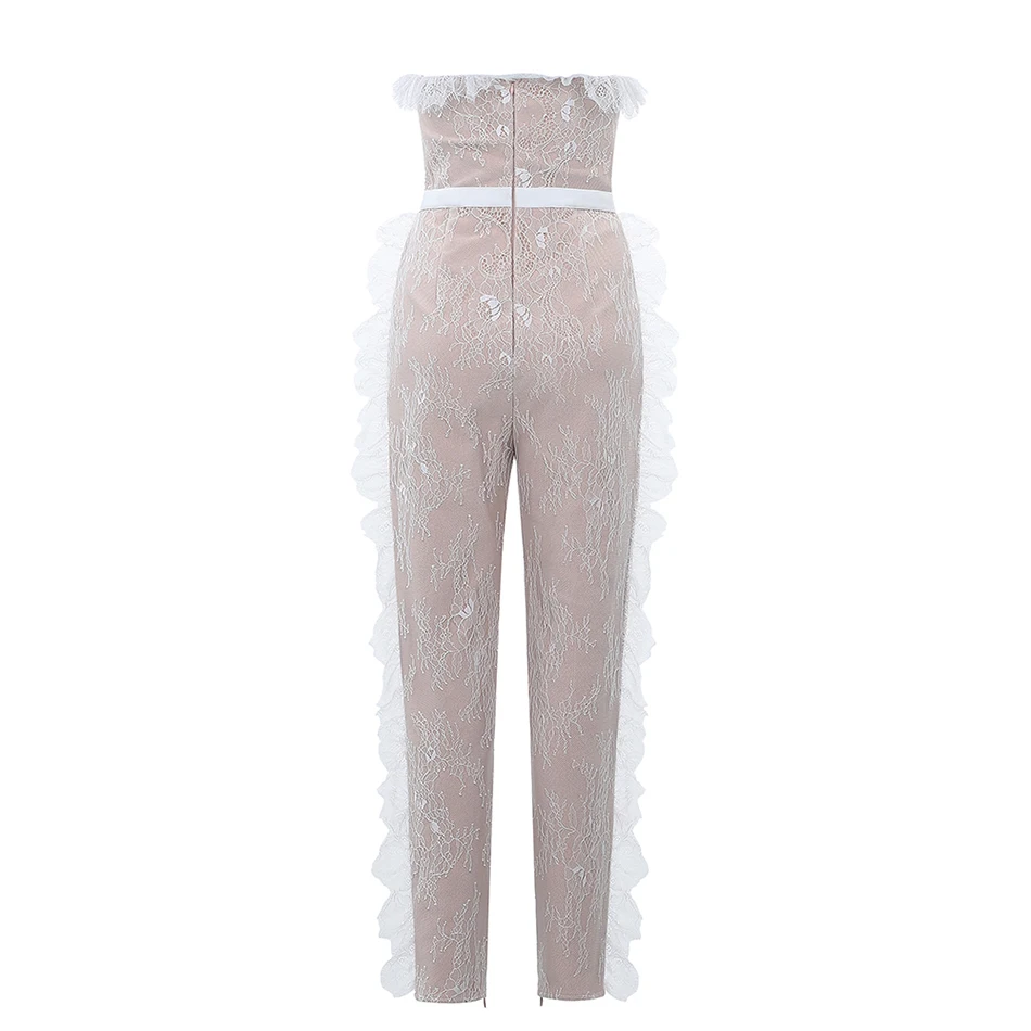 

2019 New Fashion Women Sexy Strapless Lace Floral Mesh Bandage Jumpsuit Full Pants Party Bodycon Club Jumpsuit