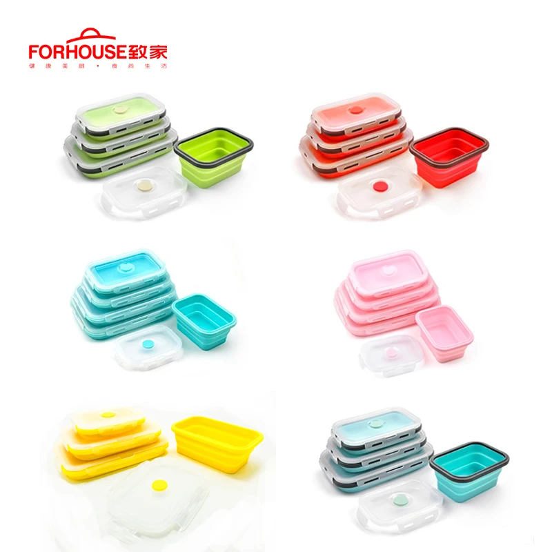 Силиконовый складной Ланч-бокс, контейнер для хранения еды, Bento BPA Free, Microwavable, портативный, для пикника, кемпинга, прямоугольная, открытая коробка