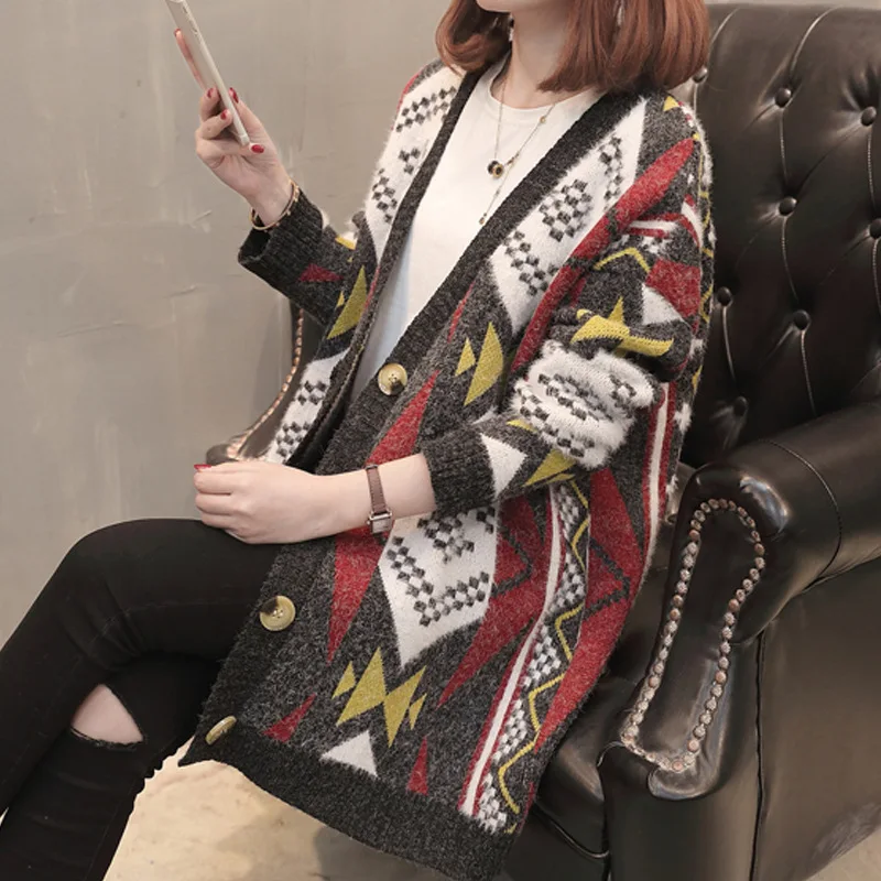 Женские свитера с этническим принтом сезон осень Новинка Женский вязаный свитер