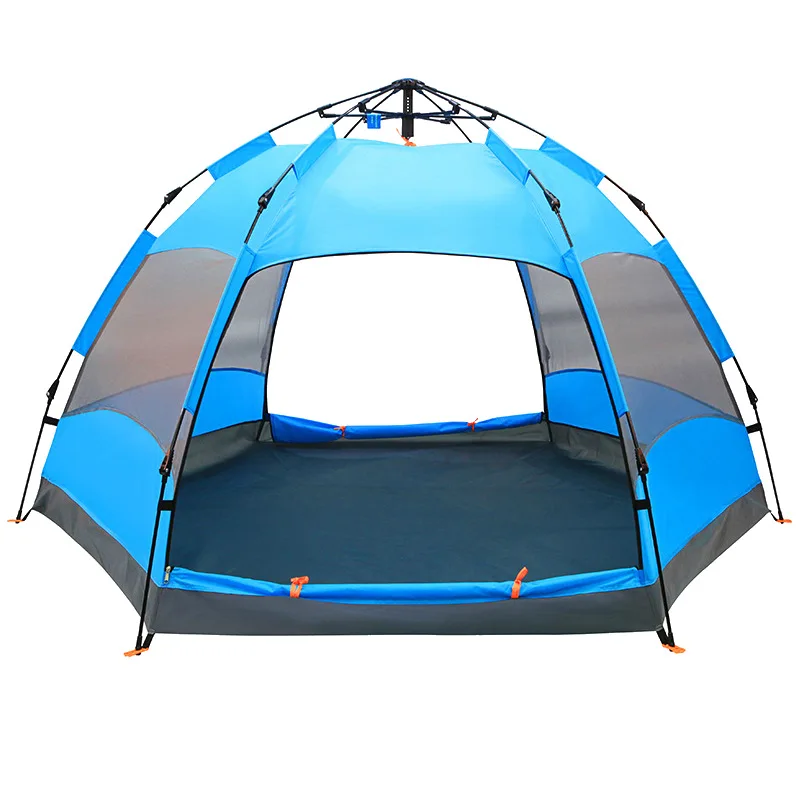 Verkaufen Automatische Doppel-schicht Hydraulische Zwei-tür Vier-fenster 5-8 Menschen Hexagonal Outdoor Camping Belüftung Zelt Freies Zu Bauen