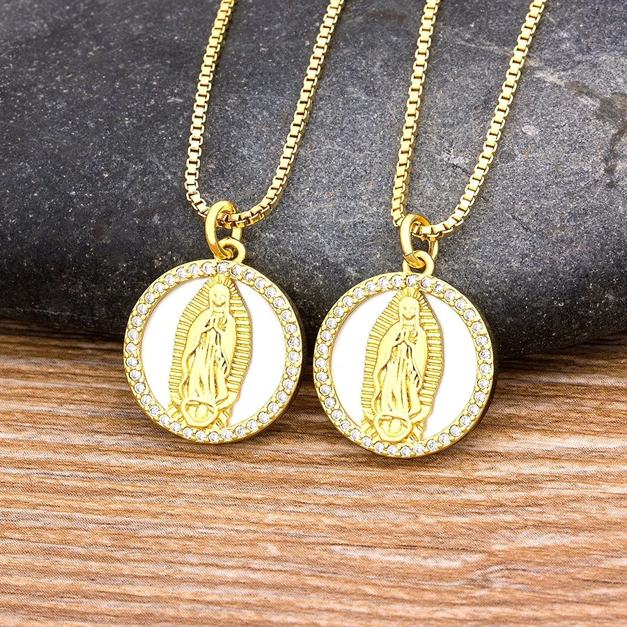 

2020 New Copper Zircon Colorful Crystal Virgin Mary Pendant Chain Necklace For Women Female Fashion Wedding Catholic Jewelry