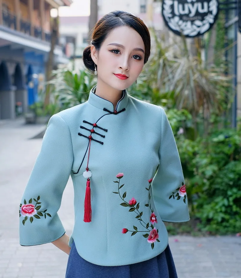 Sheng Coco Woolen Chinese Blouse Coat LadiesTraditional Chinese Shirts Embroidery Blouses Woolen Suit Classic Blue Suit