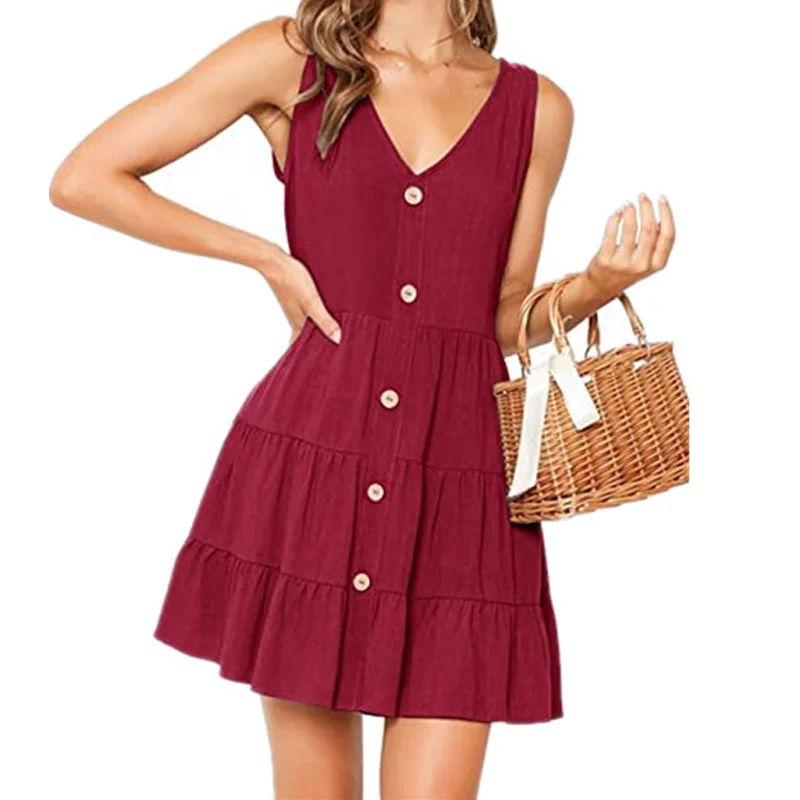 Женский сарафан трапеция без рукавов с рюшами и пуговицами|Женские платья| |