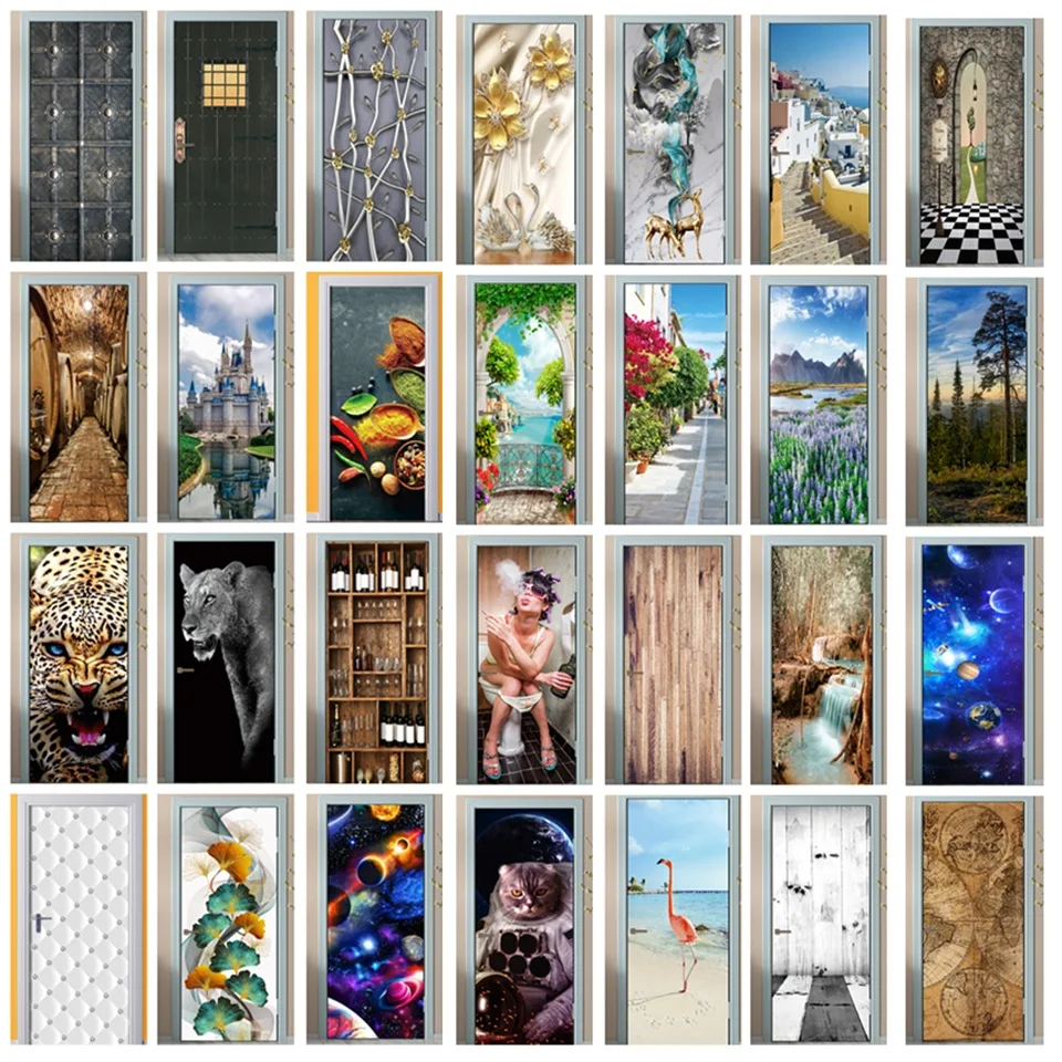 

3D Self-adhesive Door Sticker Wooden Door Refurbish Poster Landscape Wine Cabinet Starry Sky Wall Sticker Custom Mural For Home