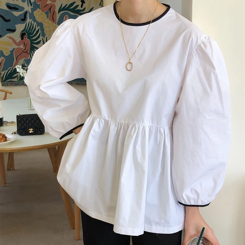 

RUGOD 2021 Spring Contrast Color Bound Lace Puff Sleeve Shirt Top