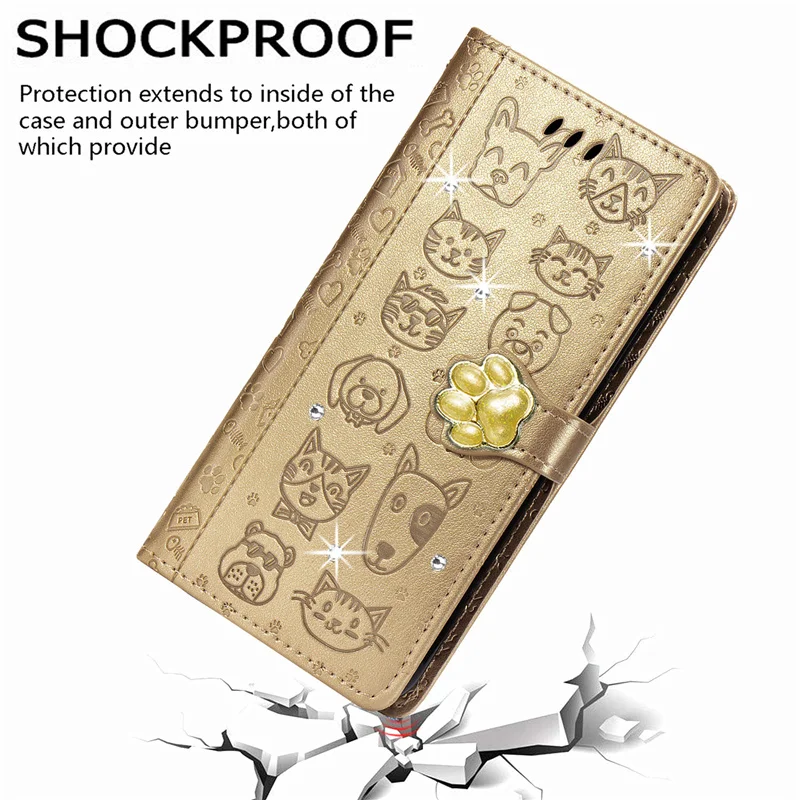 

Flip Leather Case for Motorola Edge Cover with Shiny Diamonds Cat Dog Embossed Book Stand Cute MOTO Coque Card Slots Hand Rope
