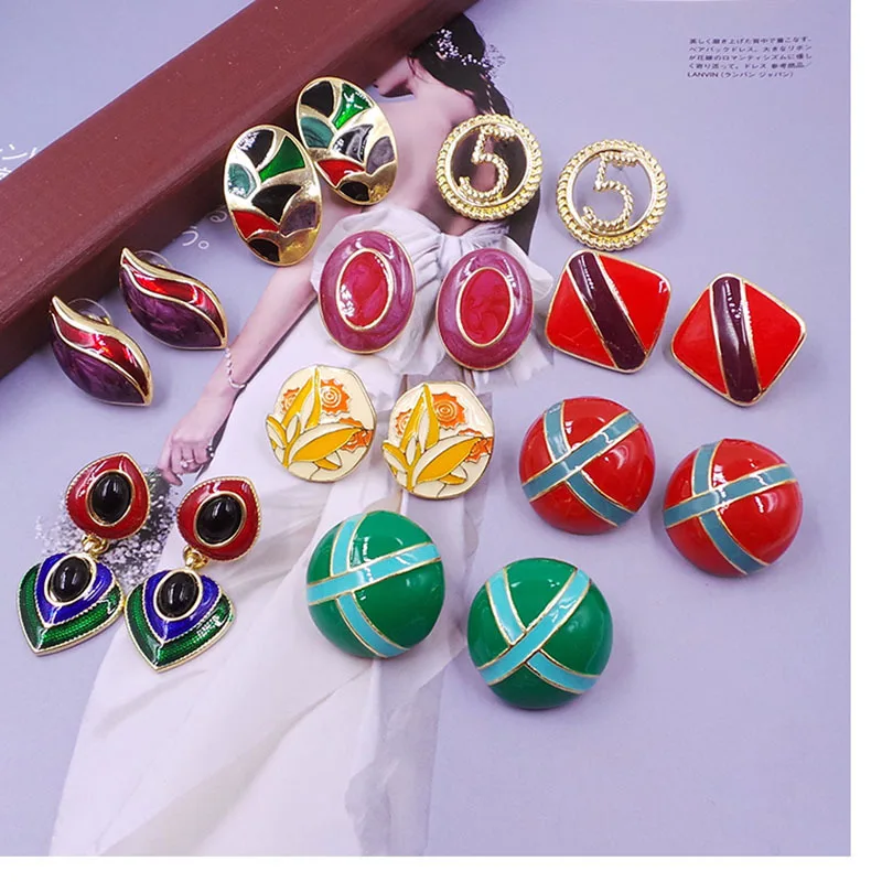 

Kiwiberry Enamel Earrings Vintage 925 Silver Needles Geometric Carving Round Flower Pearl Color Ethnic Earrings Women's Jewelry