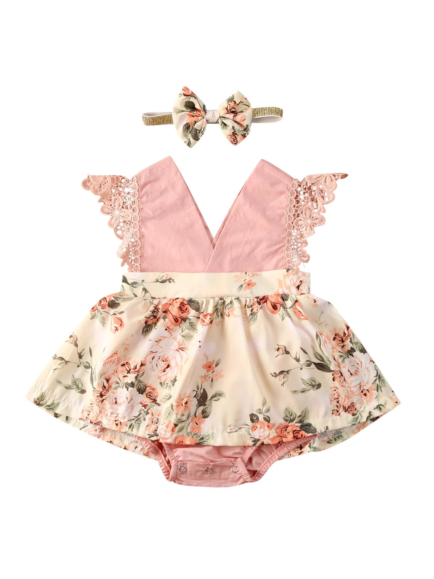 

Summer Baby Girls Clothes Set Romper Floral Sleeveless Lace Pink V Neck Princess Jumpsuits Headband Fashion 0-24M Baby Suit