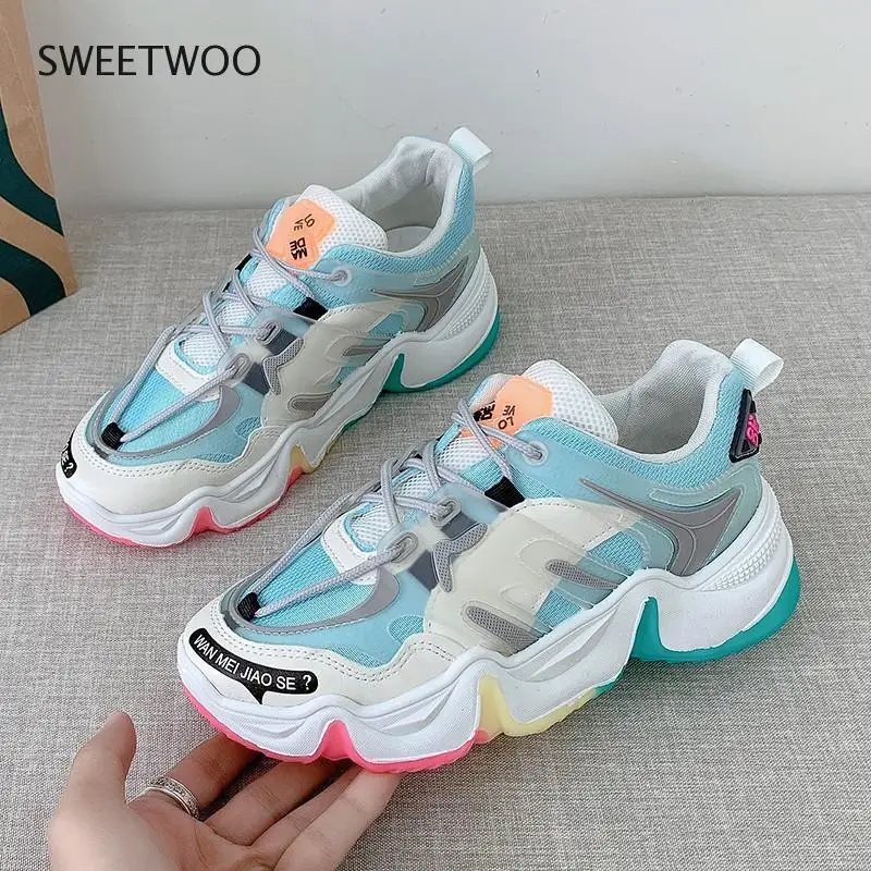 

Vulcanize Shoes Summer Sneakers Breathable Rainbow Color Fashion Casuals Height Increasing Female Chunky Ladies