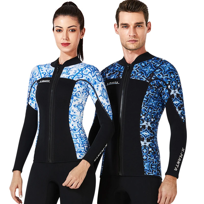 3MM Neoprene Blue And White Diving Top Winter Swimming Thicken Warm Split Cold-proof Diving Suit Long Sleeve Surfing Swimsuit