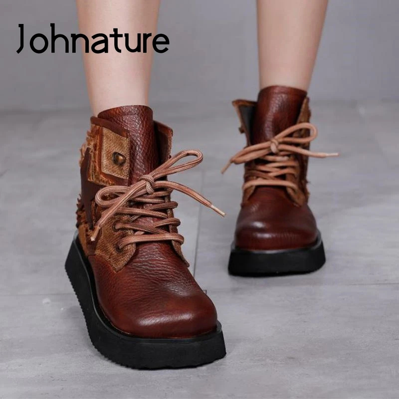 

Johnature Ankle Platform Boots Genuine Leather Lace-up Women Shoes 2022 New Winter Round Toe Retro Handmade Leisure Women Boots