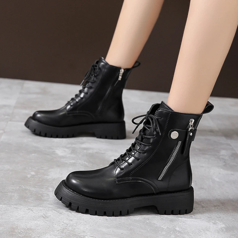 

Женские мотоциклетные ботинки Rimocy, черные ботильоны из искусственной кожи на платформе и среднем каблуке, с молнией, зима 2021