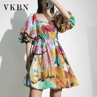 vkbn dress women summer 2021 v neck printing lantern sleeve above knee mini high waist party dress elegant vestidos de fiesta