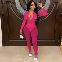 zooeffbb aesthetic two piece set women sexy long sleeve zipper up jumpsuit autumn pants sets night club rave festival outfit