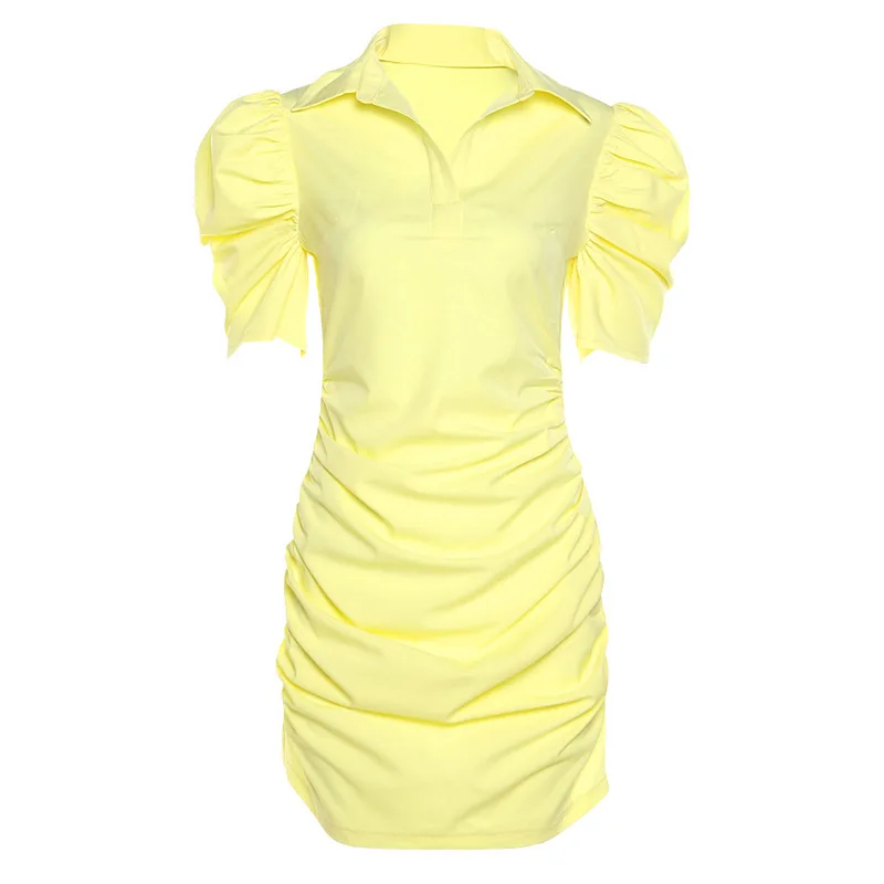 

Yimunancy Puff Sleeve Dress Women Turn Down Collar Bodycon Dress 2021 Summer Ladies Short Sleeve Office Dresses Vestidos Robes