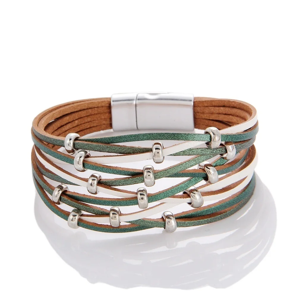 

Multilayer Leather Bracelet For Women Magnet Clasp Charm Braided Wide Wrap Bracelets Bangles Female Bohemian Style Jewelry