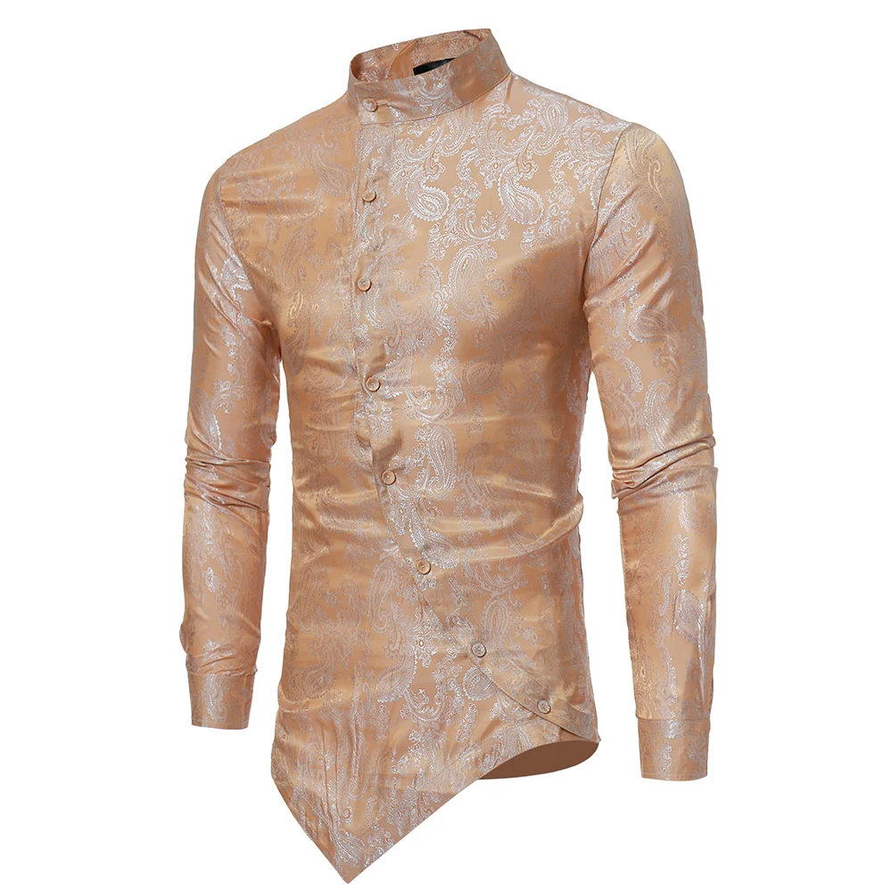 Men's Vintage Blouse Floral Print Irregular Shirt Tops Long Sleeve Casual Handsome Men Shirt