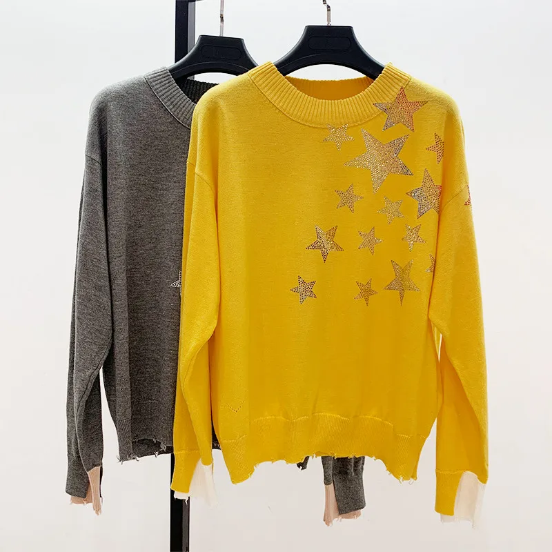 Женский трикотажный пуловер со звездами и стразами кашемировый джемпер с