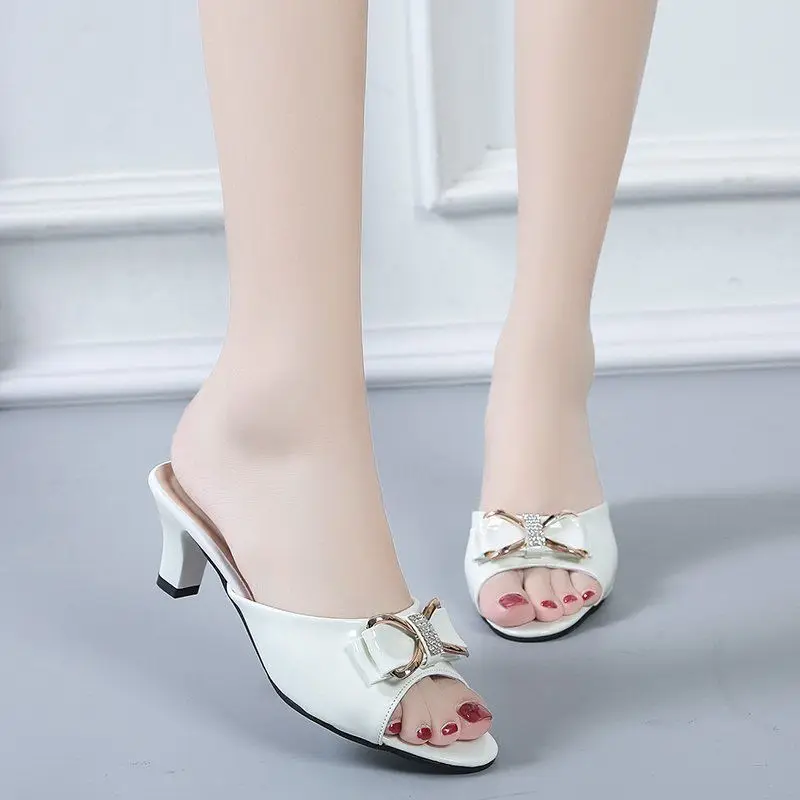 

Ladies classic casual spring and summer comfortable fashion all-match bow stiletto high heels women's outer wear with fish mouth