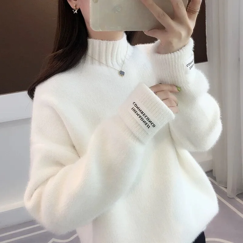 White Winter Sweater Women Letter Patchwork Turtleneck Thicken Warm Long Sleeve Knitted Pullover Jumper Elegant New V673 | Женская
