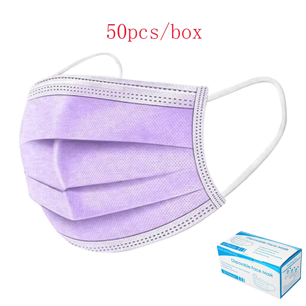 50 шт. в коробке 3ply маска фиолетовый рот крышка защищает нос мягкий и пропускающий