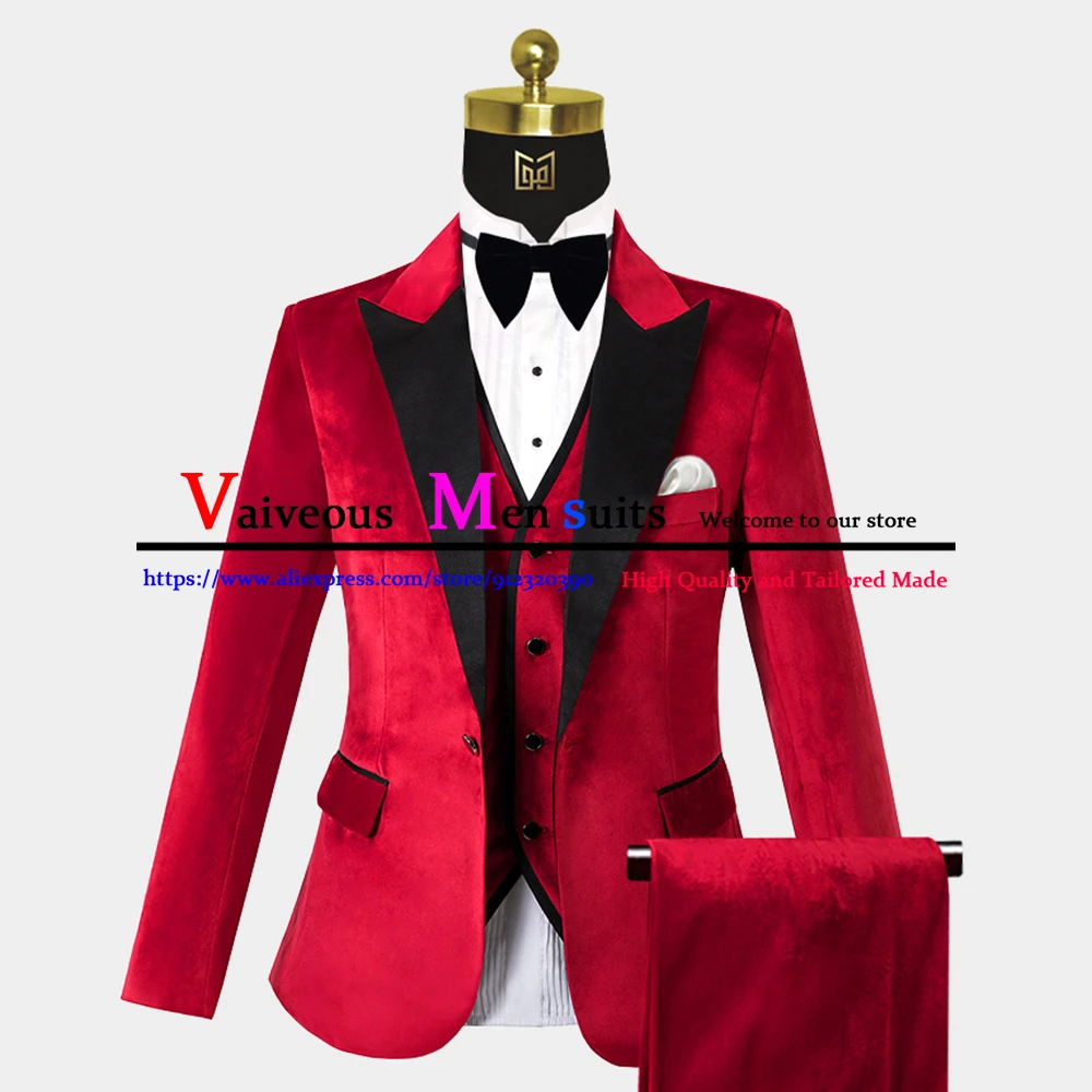 Роскошный Красный Бархатный смокинг для жениха из 3 предметов Свадебный костюм