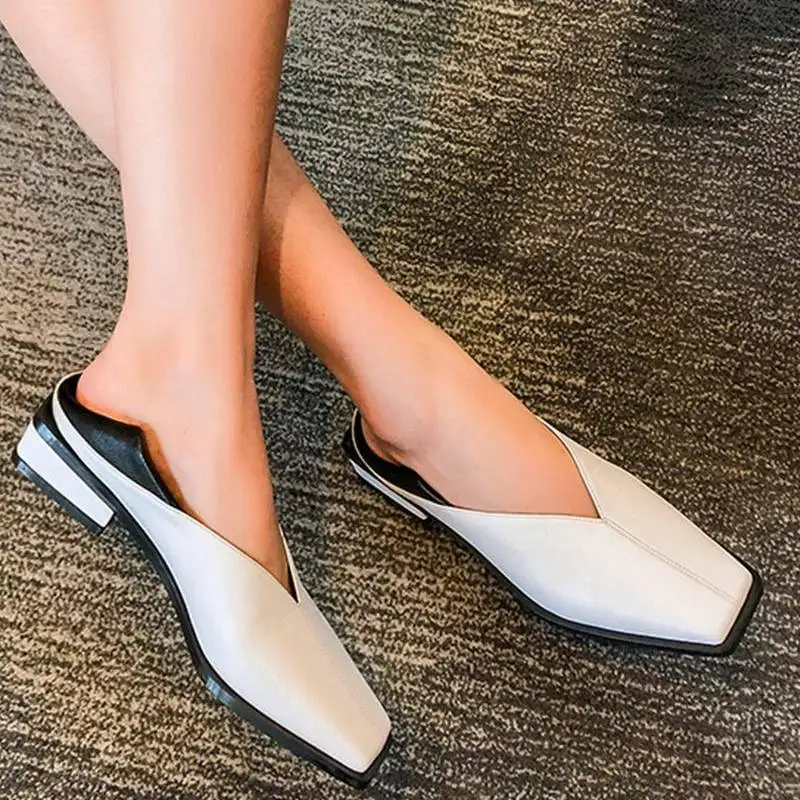 

2020 Fashion Women's Flat Shoes Single Shoes Ladies Low Heel Pumps Square Toe Lazy Shoes Females Soft Comfortable Leather Shoes