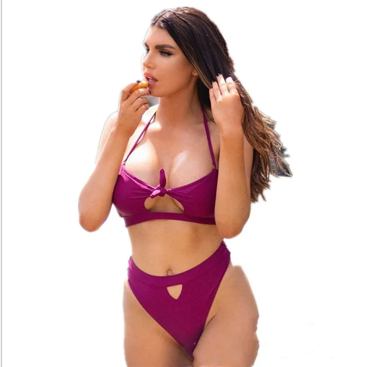 

2021 летний купальник бикини с разрезом, однотонный соблазнительный женский костюм монокини с узлом на шее