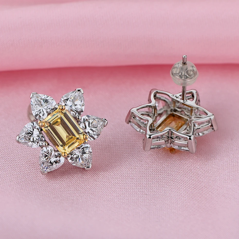 

Realytrust Solid 925 Sterling Silver Emerald Cut High Carbon Diamond Sunflower Stud Earrings for Women Wedding Engagement Gift