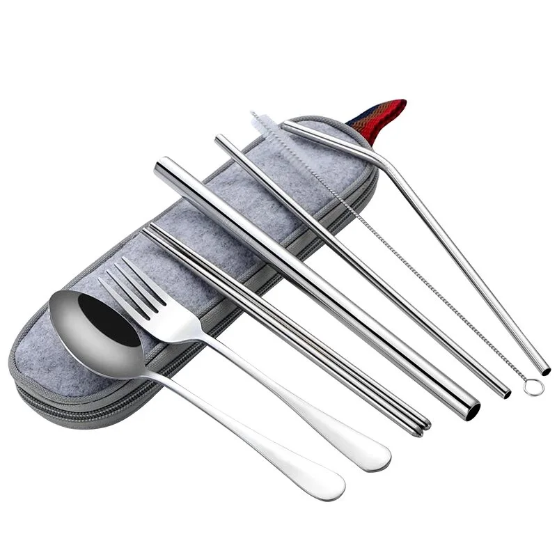 

6pcs/set 304 Stainless Steel Portable Tableware Combination Titanium-plated Straw Fork Spoon Chopstick Combination Six-piece Set