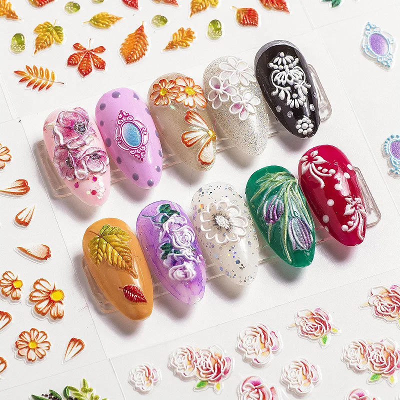 

5D Acrylic Engraved Flower Nail Art Sticker Self-adhesive Embossed Outline Flower Leaf Summer Decals Water Manicure Accessoires