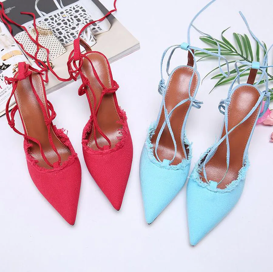 Harga Prova Tempat Yang Hebat Lady Menunjuk Toe Aneh Gaya Tumit Wanita Pumps Pergelangan Kaki Cross Diikat Belakang Terbuka Pesta Sandal Tumit Tinggi