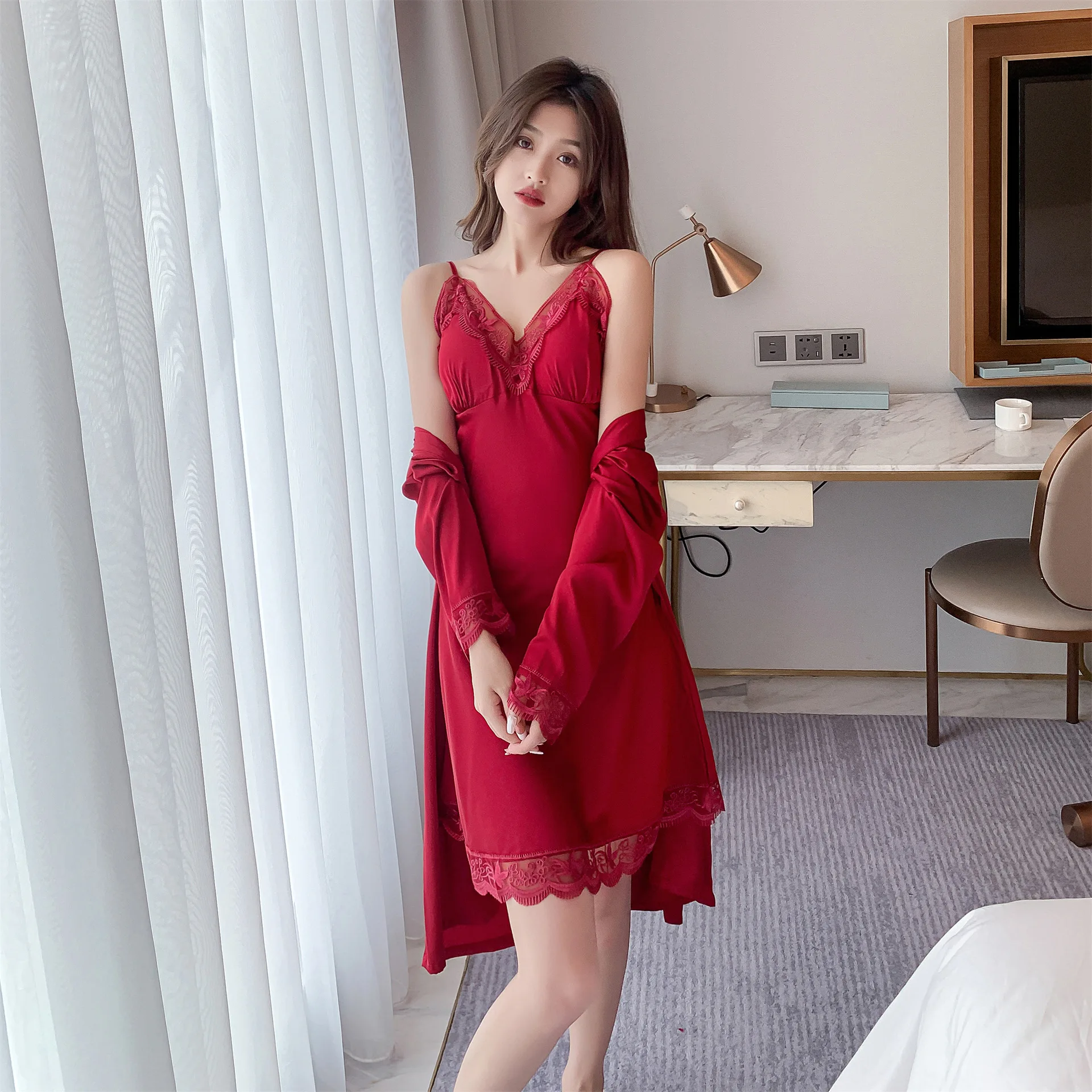 

2PCS Burgundy Women Robe Sets Bride Sexy Hollow Out Lace Floral Dressing Bath Gown Kimono Sleepwear V-Neck Nightdress Homewear