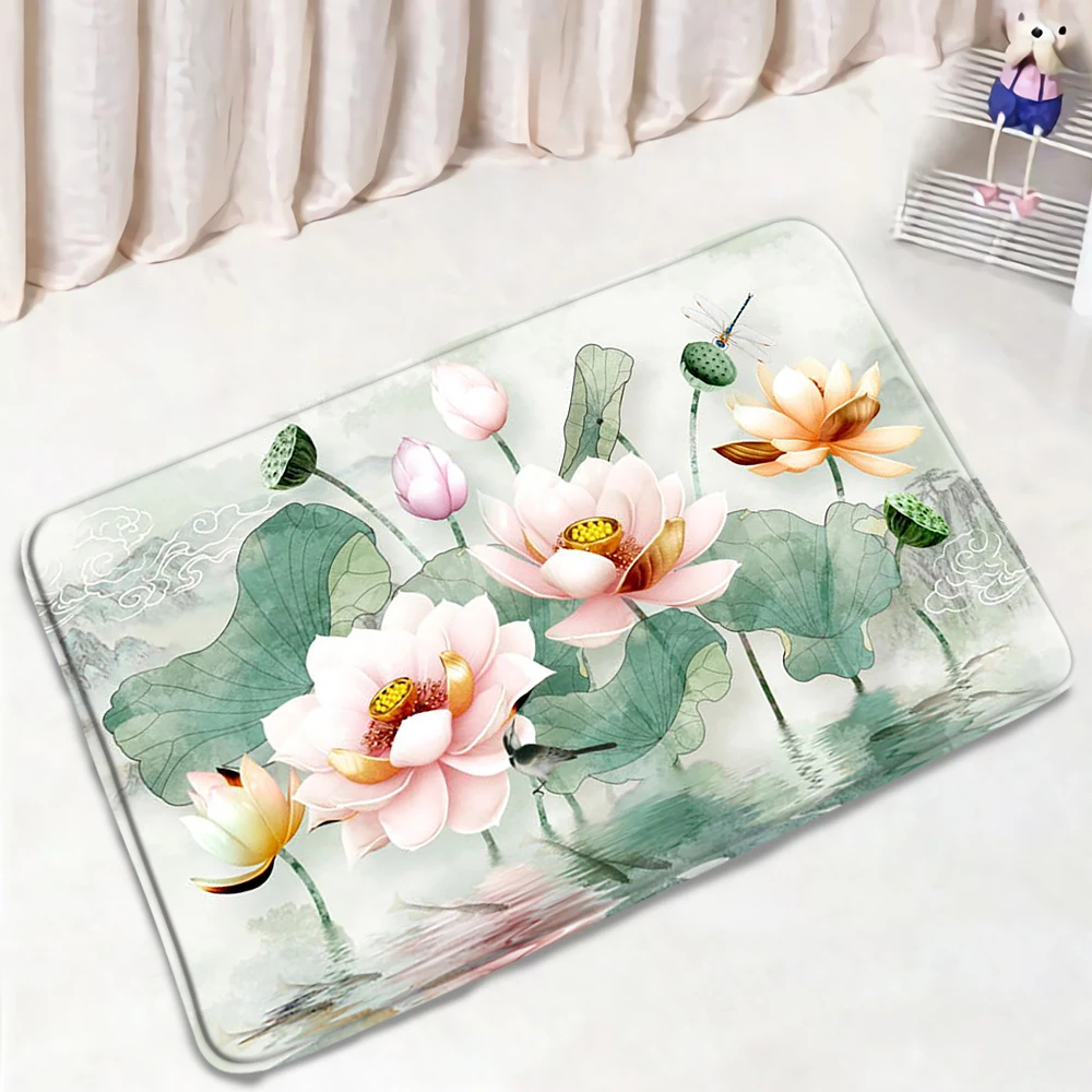 

Pink Lotus Flower Green Leaves Bath Mats Chinese Style Floral Bird Bedroom Door Rug Bathroom Foot Mat Non-slip Carpet Home Decor