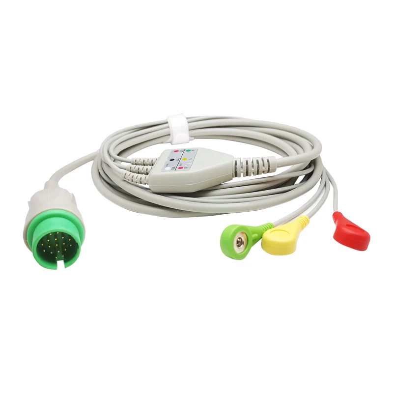 

ECG Cable One Piece 3 Lead Wires 17 Pin Snap 4.0 End IEC Standard for Spacelabs Patient Monitor