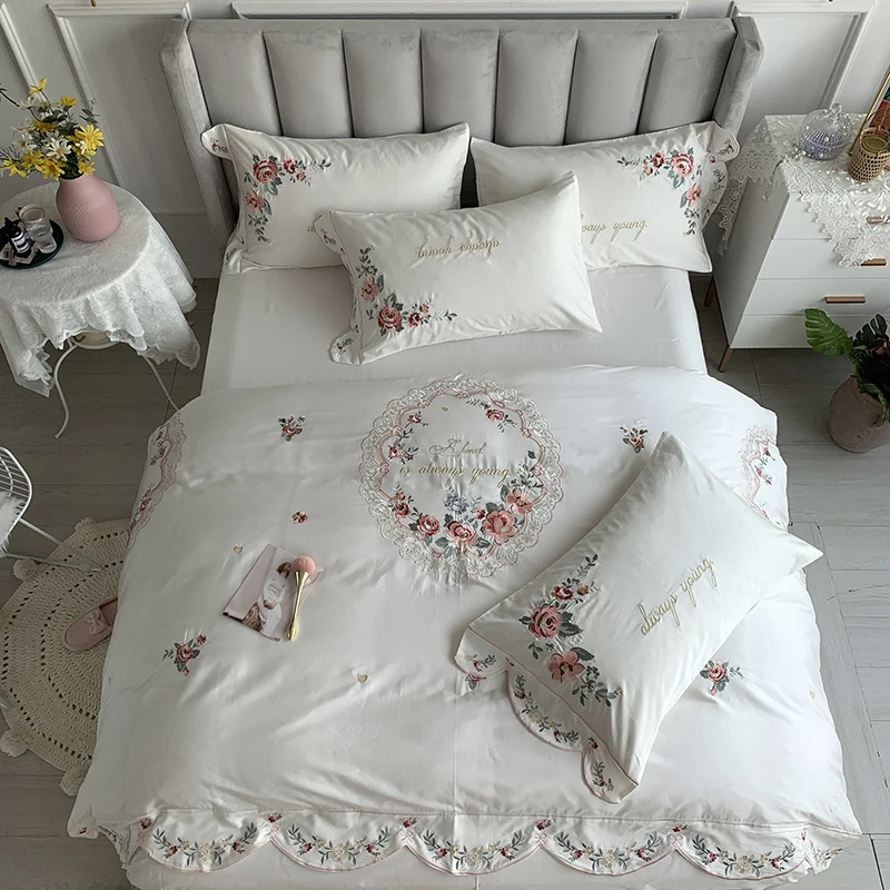 

Luxury Chic Flowers Embroidery White Bedding Set Egyptian Cotton 1 Duvet Cover 1 Bed Sheet 2 Pillowcase Queen King 4Pcs