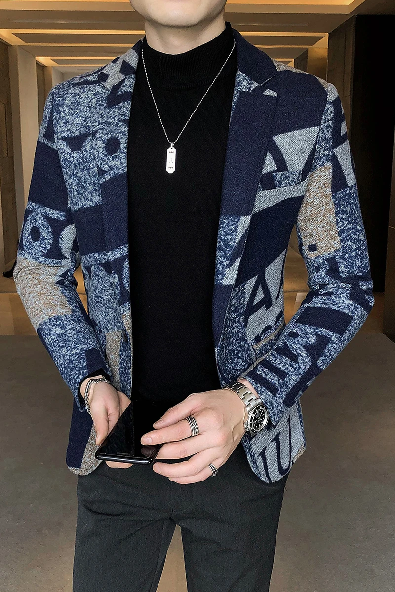 

2021 Fall Winter Men Retro Woolen Blazer Letter Tweed Coats Print Blazer Jacket Slim Fit Party Prom Club Pattern Blazer Fashion
