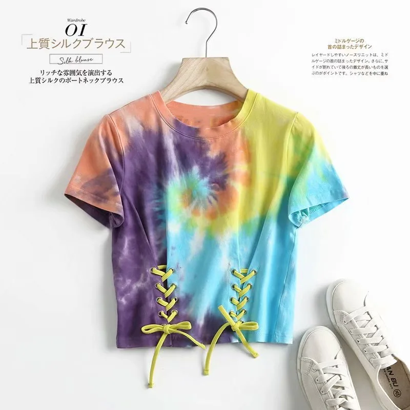 

2021 Summer T shirt Tees Tops Women's O-neck Tops High Quality Tie dye Clothing Lace Up Ins Fashion AE778